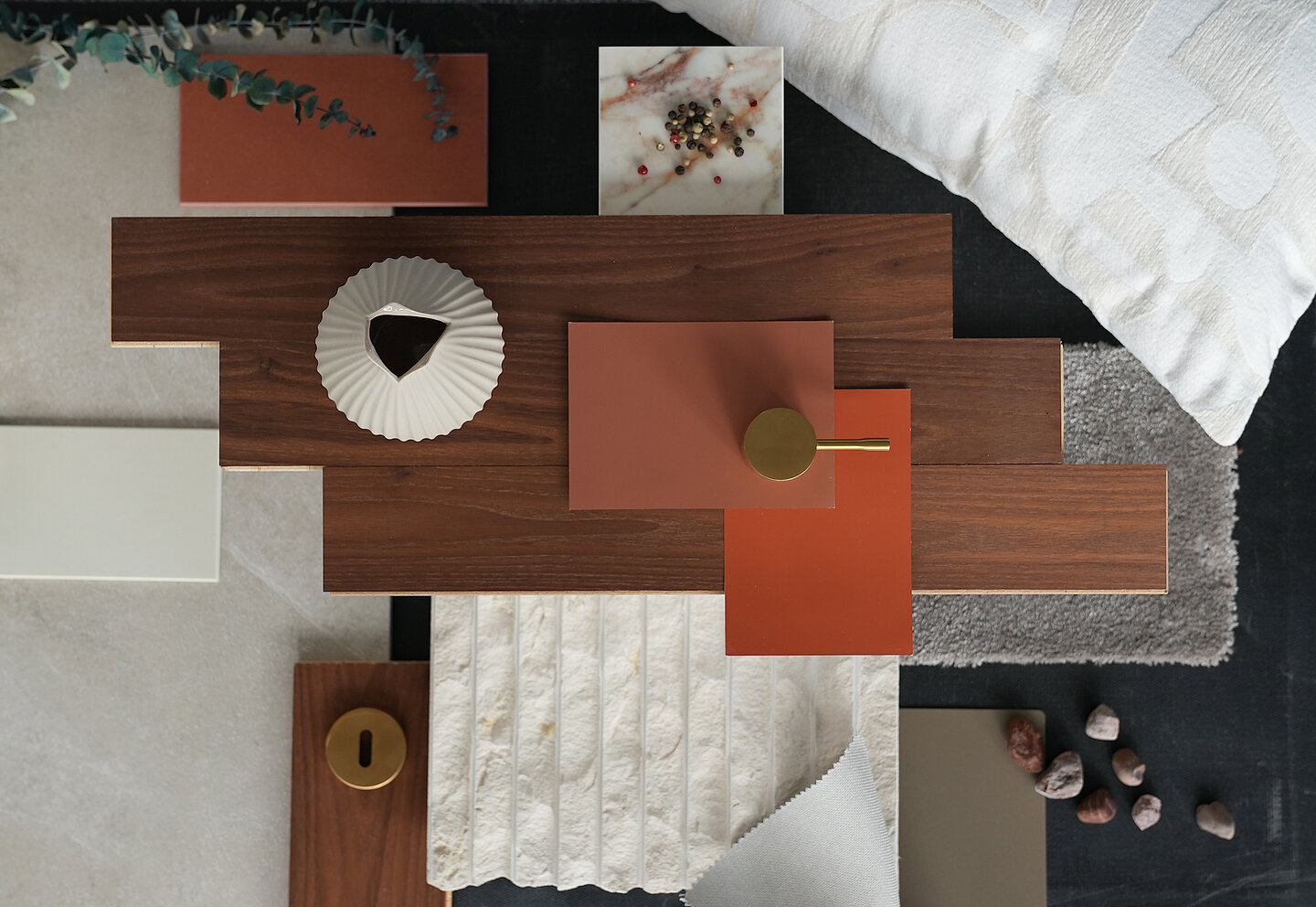 A potpourri of different materials and colors from which a design concept is created.