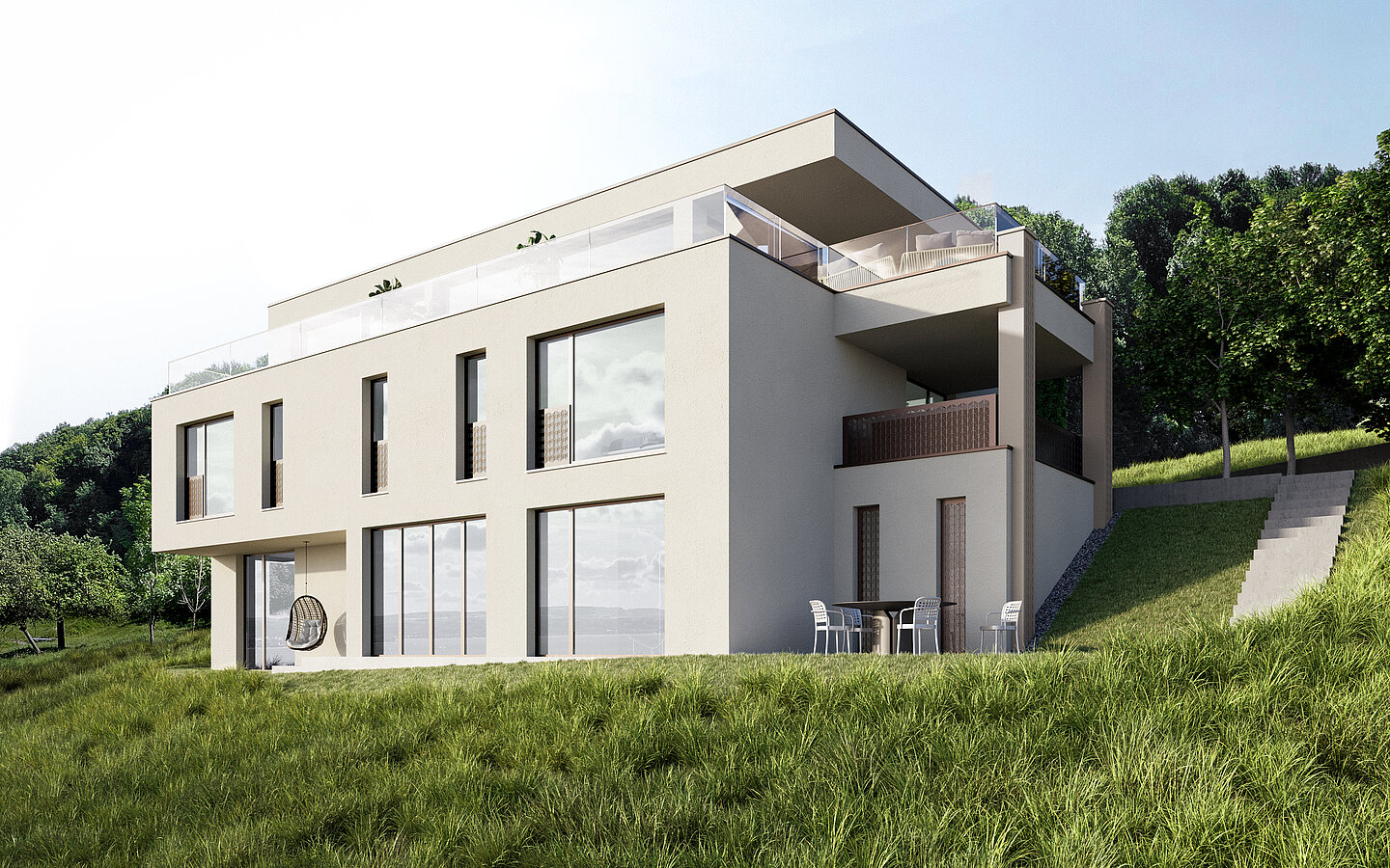 Photorealistic rendering of a contemporary single-family home featuring a light-toned façade, generous outdoor living spaces, and a seamless connection between architecture and landscape.