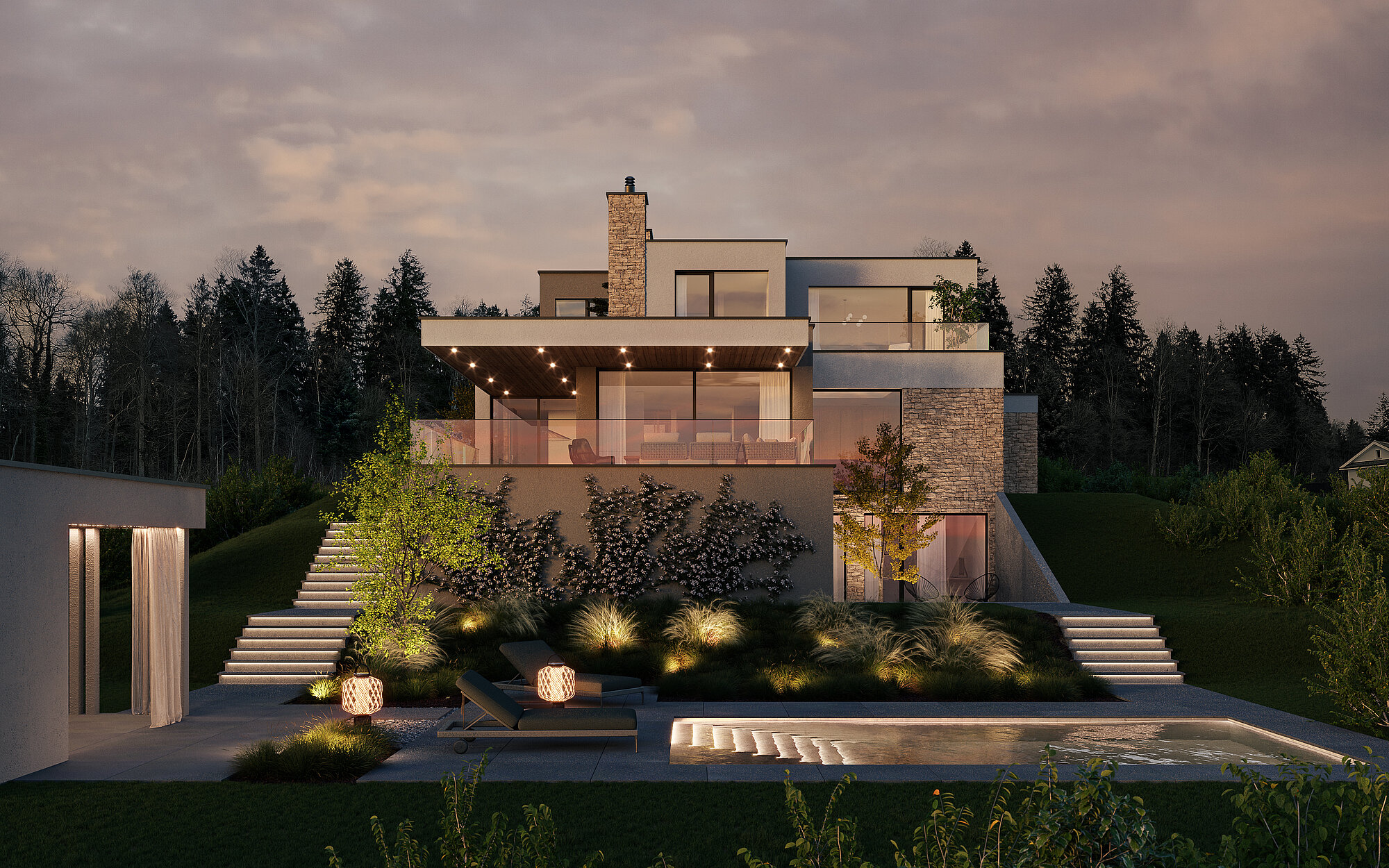 Photorealistic rendering of a single-family residence featuring a stepped architectural composition, an illuminated landscape garden, and a swimming pool