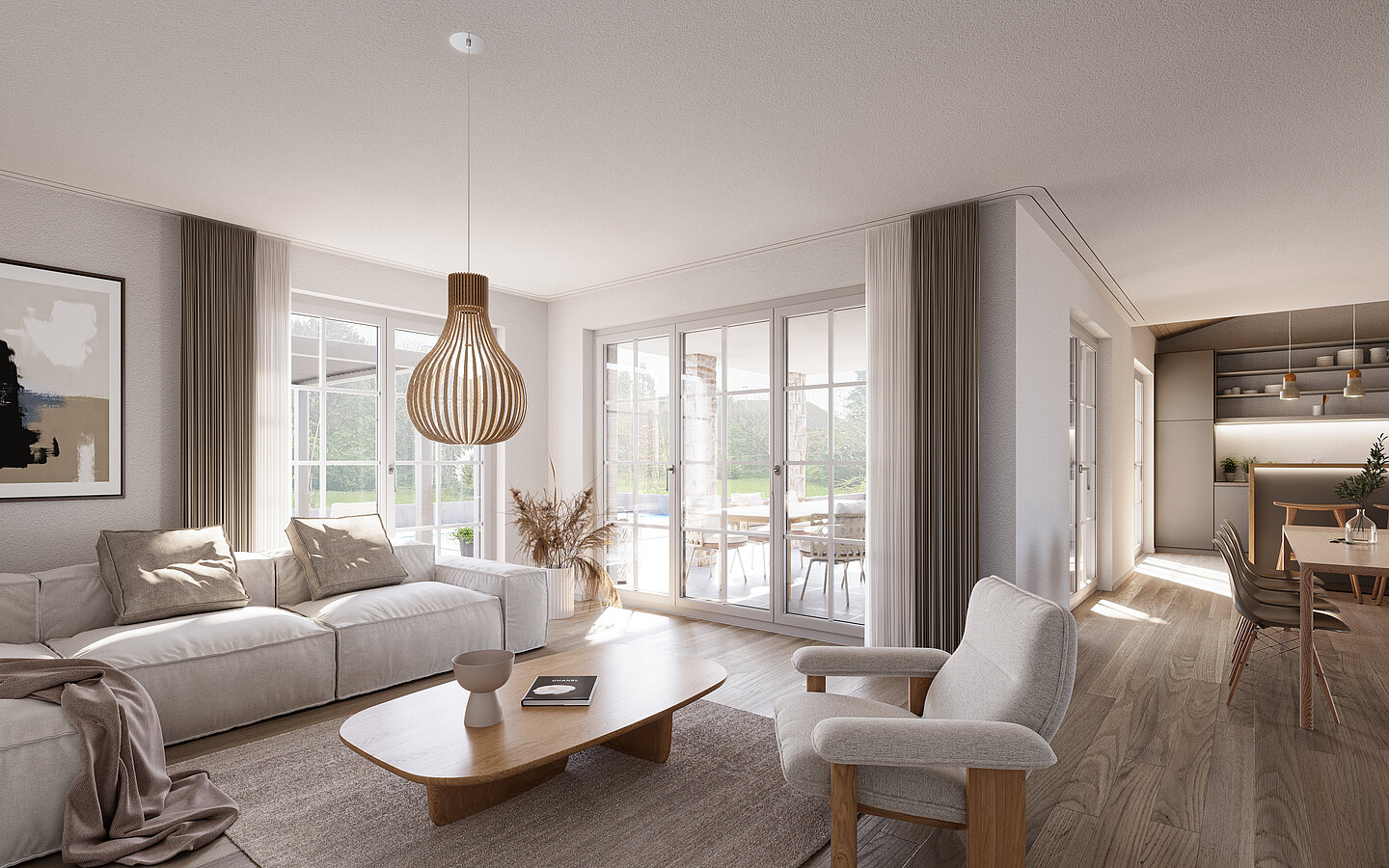 Photorealistic rendering of a contemporary living area with expansive glazed façades.
