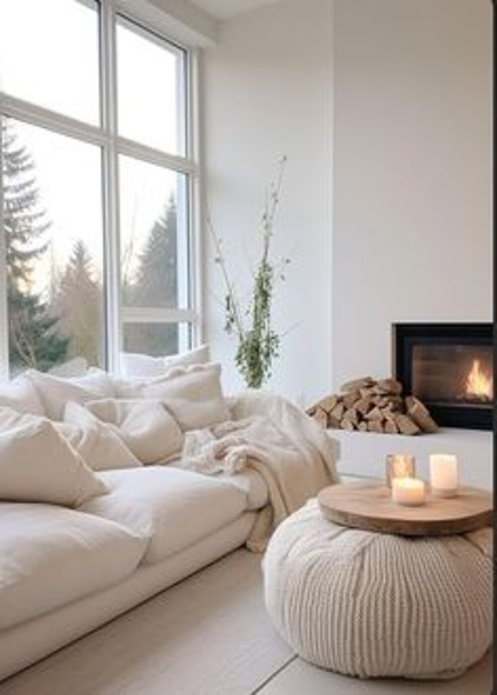 Cozy living area with fireplace and expansive windows