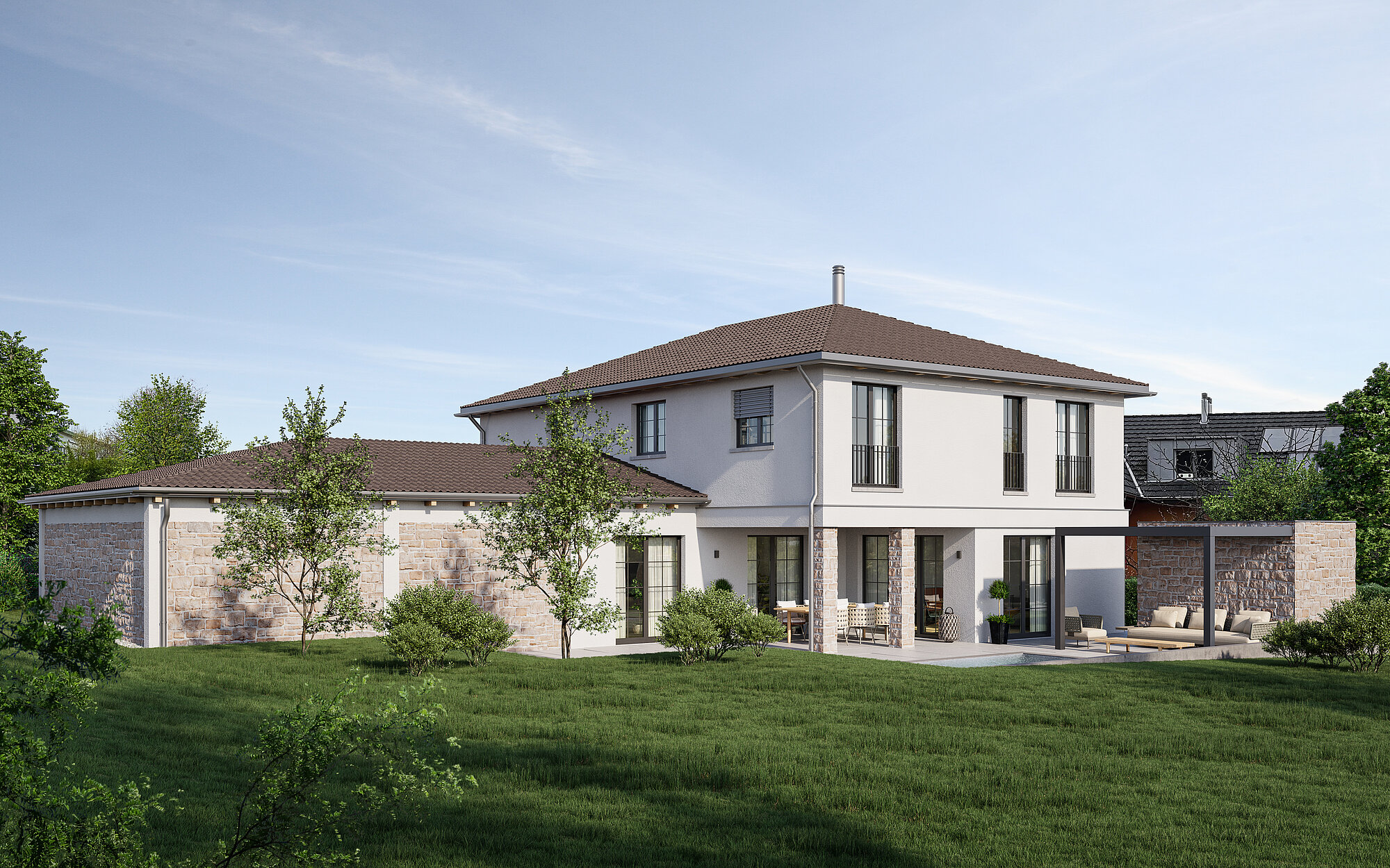 Photorealistic rendering of a contemporary single-family residence with garden.