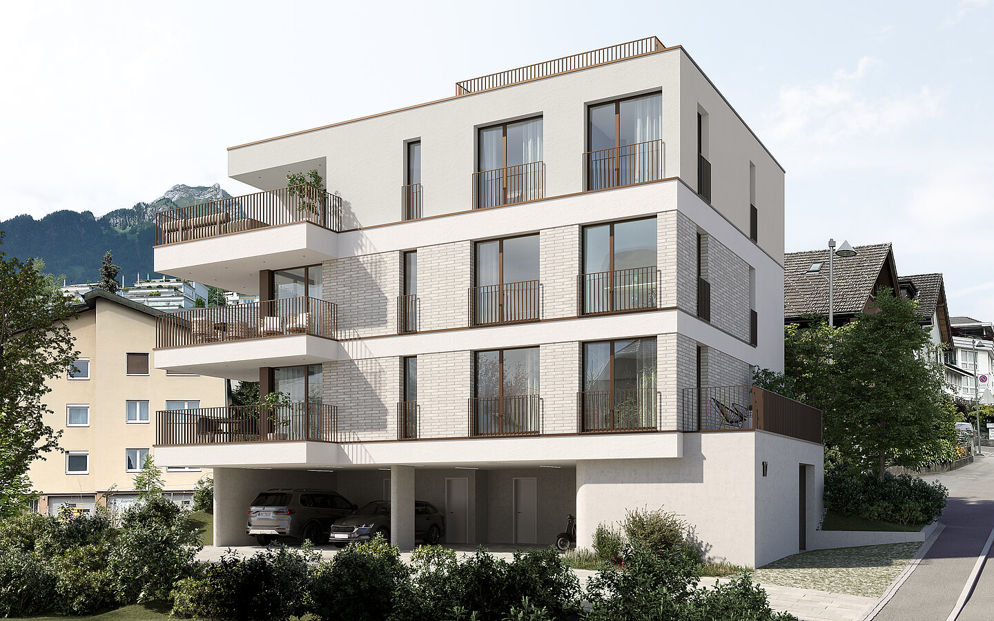Photorealistic rendering of a multi-generation house with a clearly articulated façade