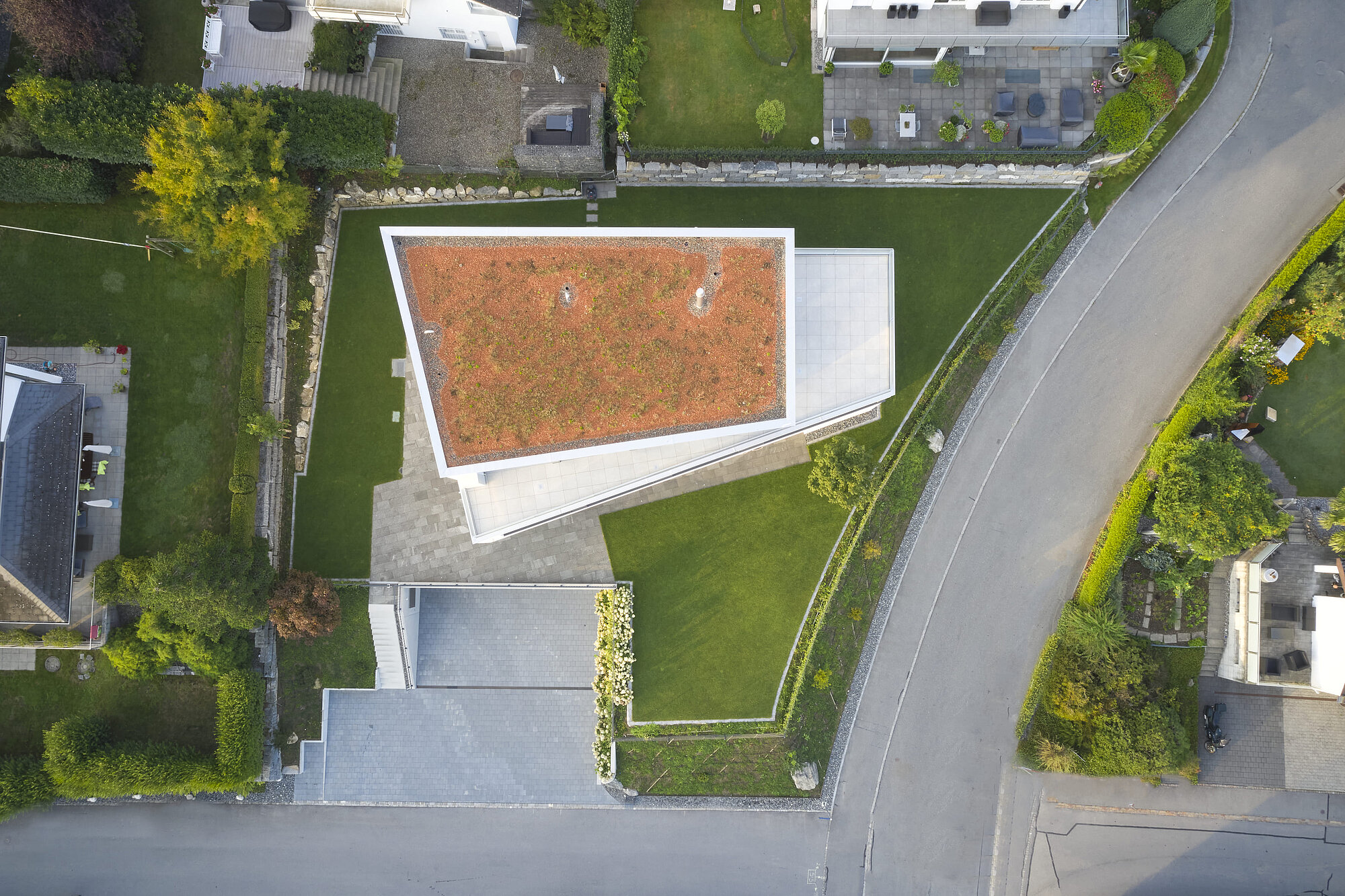 Exterior view of the BELLEVUE detached house, drone shot