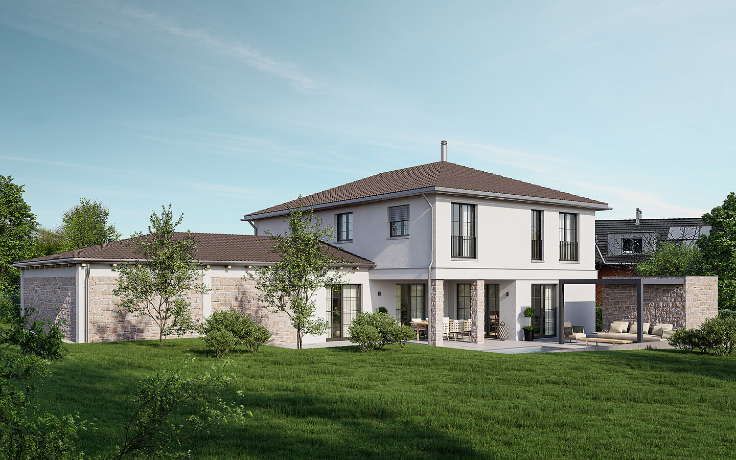 Photorealistic rendering of a contemporary single-family residence with garden.