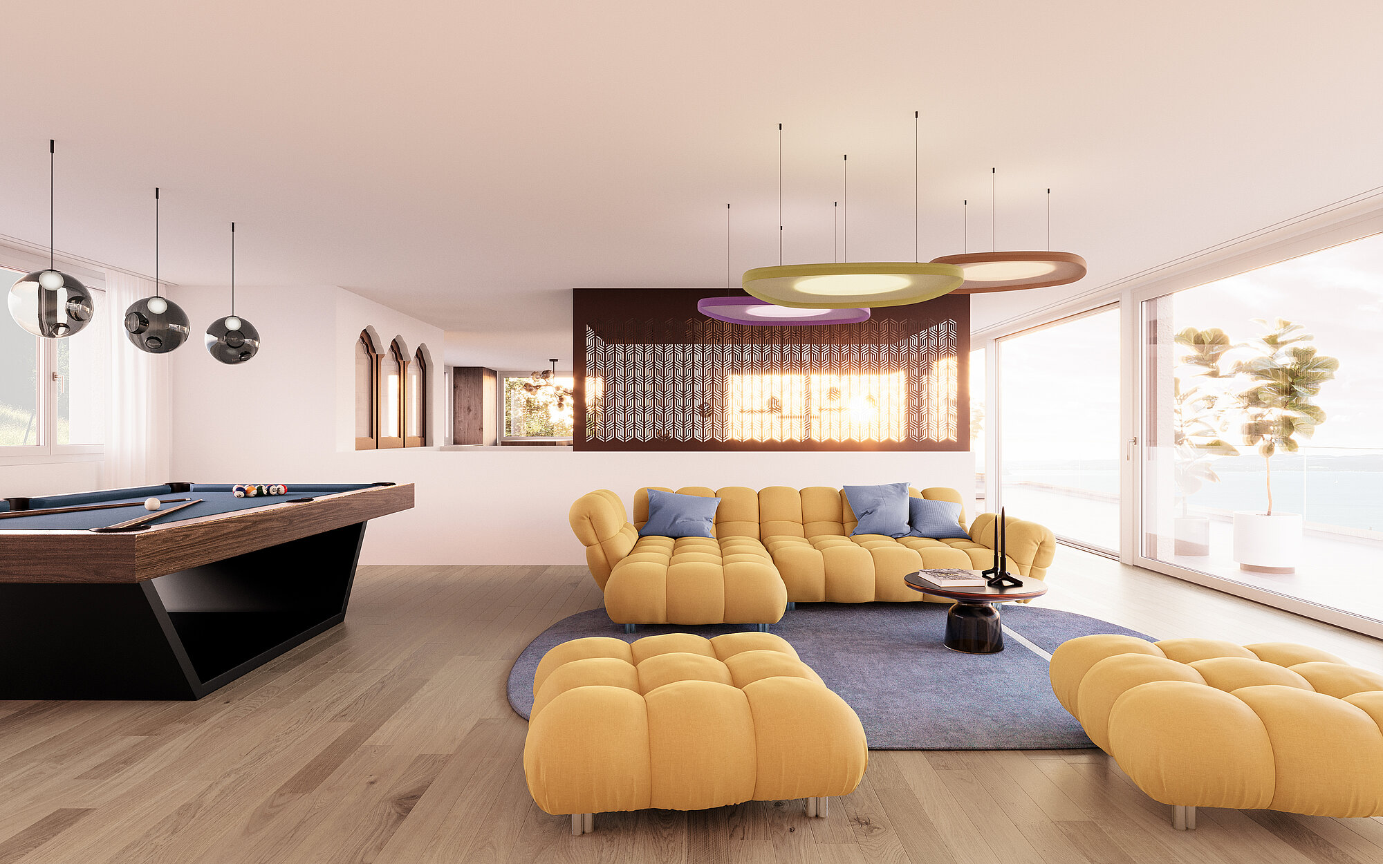 Photorealistic rendering of a spacious living room featuring designer furnishings, floor-to-ceiling glazing, and a contemporary open-plan living environment filled with natural light.
