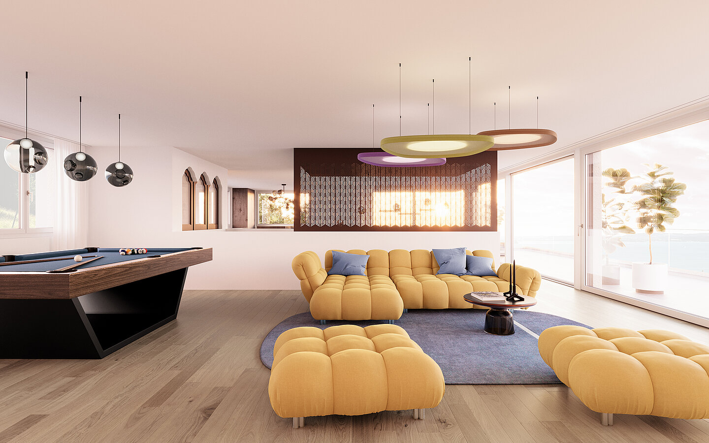 Photorealistic rendering of a spacious living room featuring designer furnishings, floor-to-ceiling glazing, and a contemporary open-plan living environment filled with natural light.