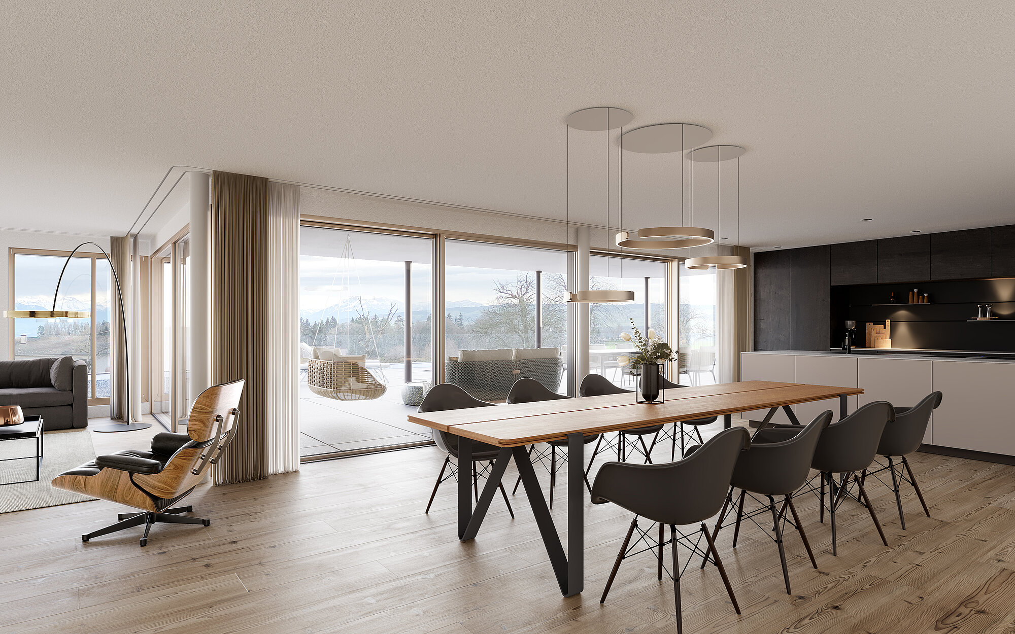 Photorealistic rendering of a modern living and dining area with an open-plan layout and large-scale glazing