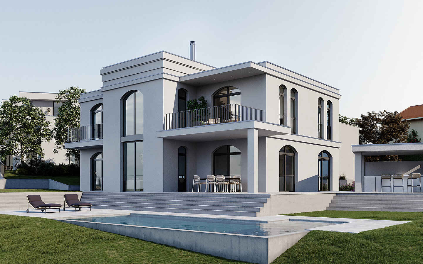 Fotorealistisches Rendering einer eleganten Stadtvilla mit Pool, Balkon und Rundbogenfenstern.