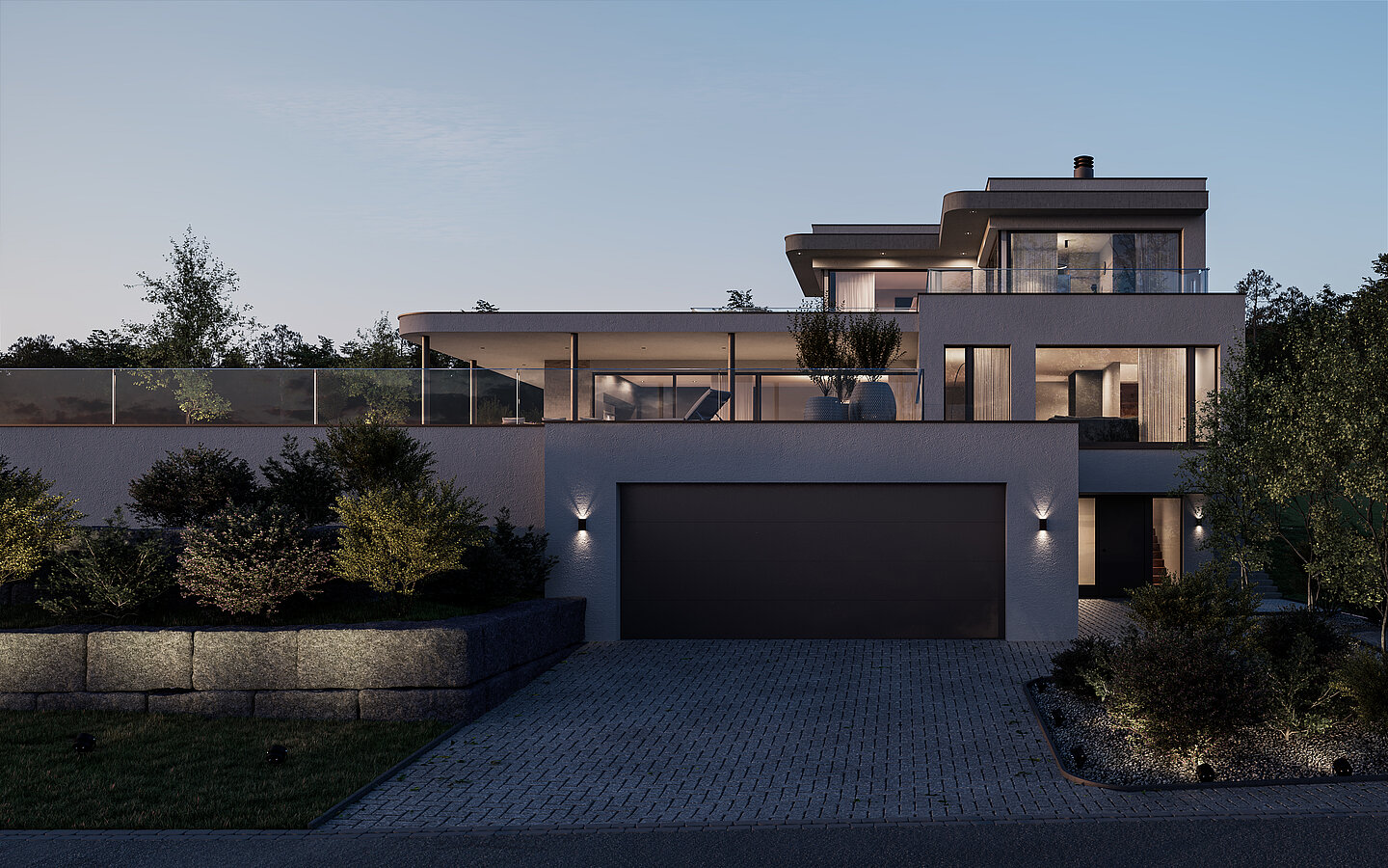 Photorealistic rendering of a modern single-family residence with a clear architectural language and a spacious terrace