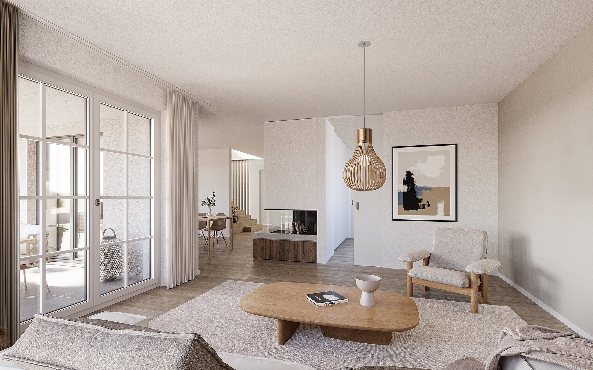 Photorealistic rendering of an open-plan living and dining area with expansive glazed surfaces.