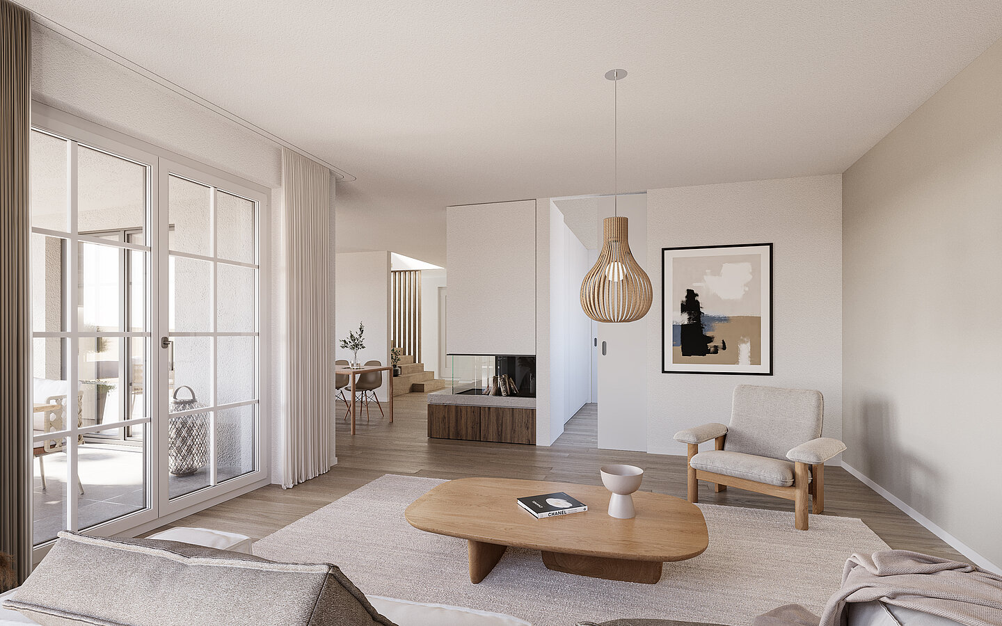 Photorealistic rendering of an open-plan living and dining area with expansive glazed surfaces.