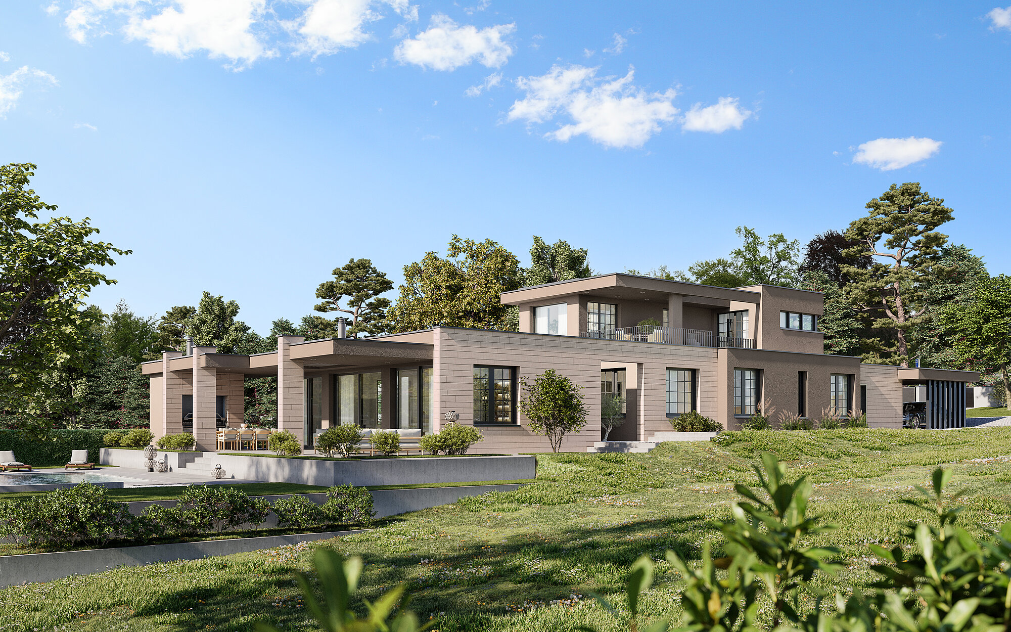 Photorealistic rendering of a single-family house with a pool and generous garden