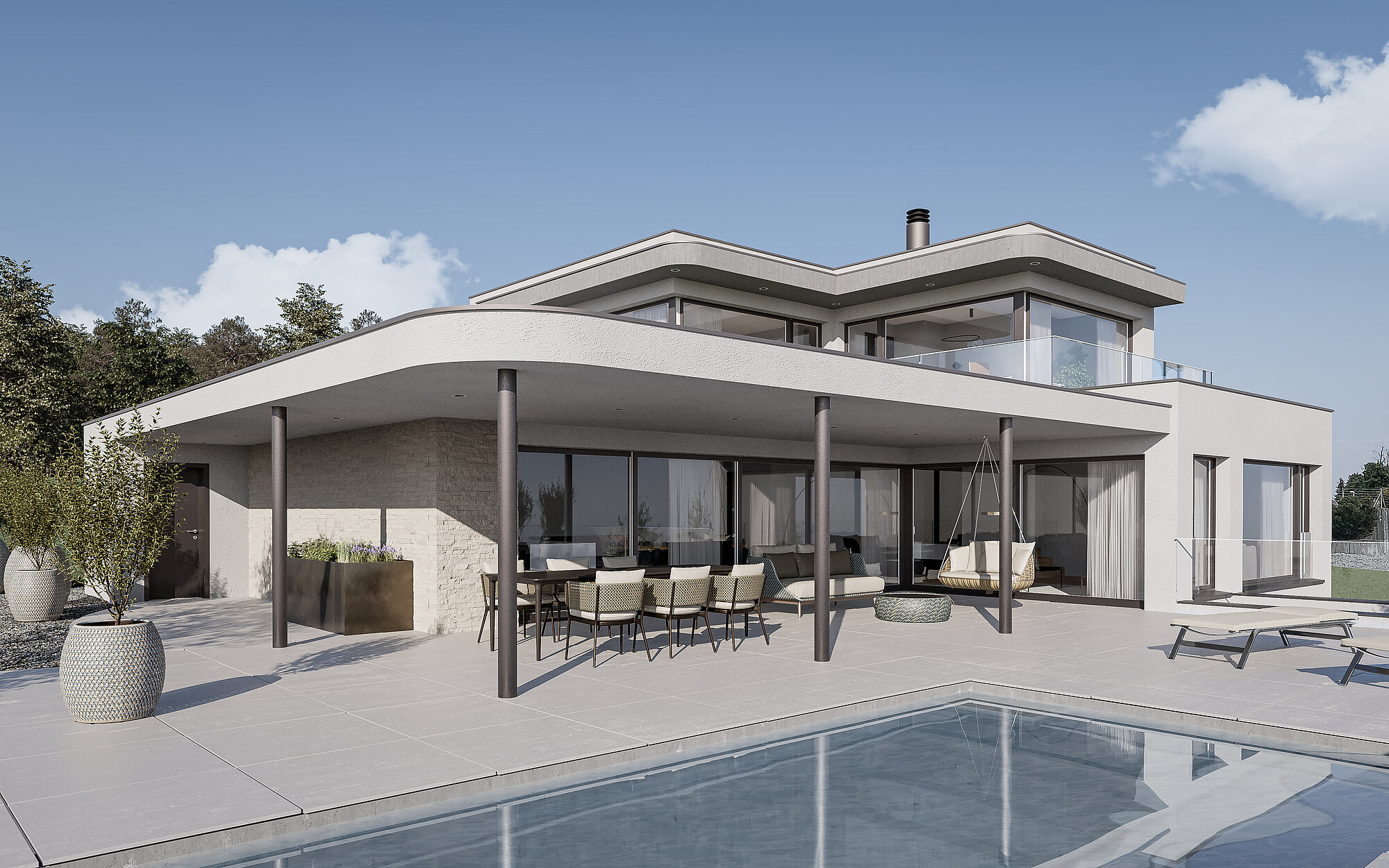 Photorealistic rendering of a modern single-family residence with a clear architectural language and a spacious terrace