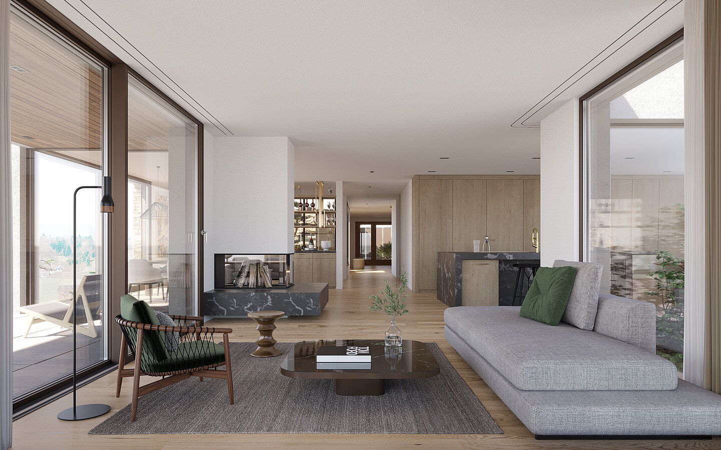 Photorealistic rendering of a contemporary single-family residence with an open-plan living area