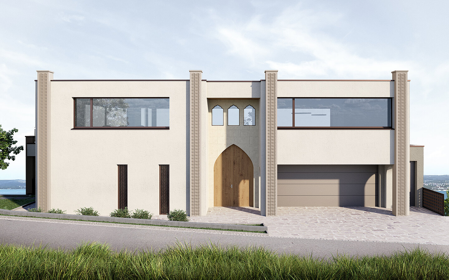 Photorealistic rendering of a contemporary single-family residence featuring a distinctive entrance area, an integrated garage, and a refined architectural expression.