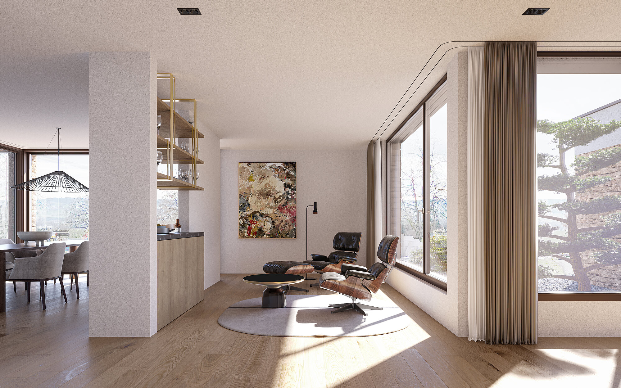 Photorealistic rendering of a single-family residence with a bright living area and floor-to-ceiling glazing