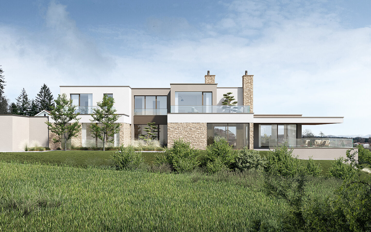 Photorealistic rendering of a single-family residence with a clean architectural design and generous terraces
