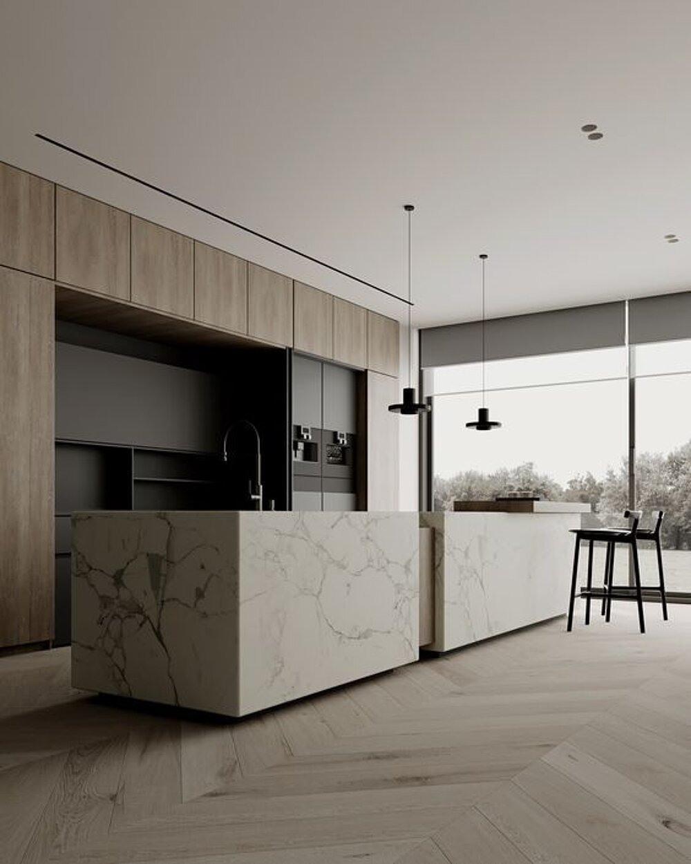 Open-plan kitchen with a central island and floor-to-ceiling glazing