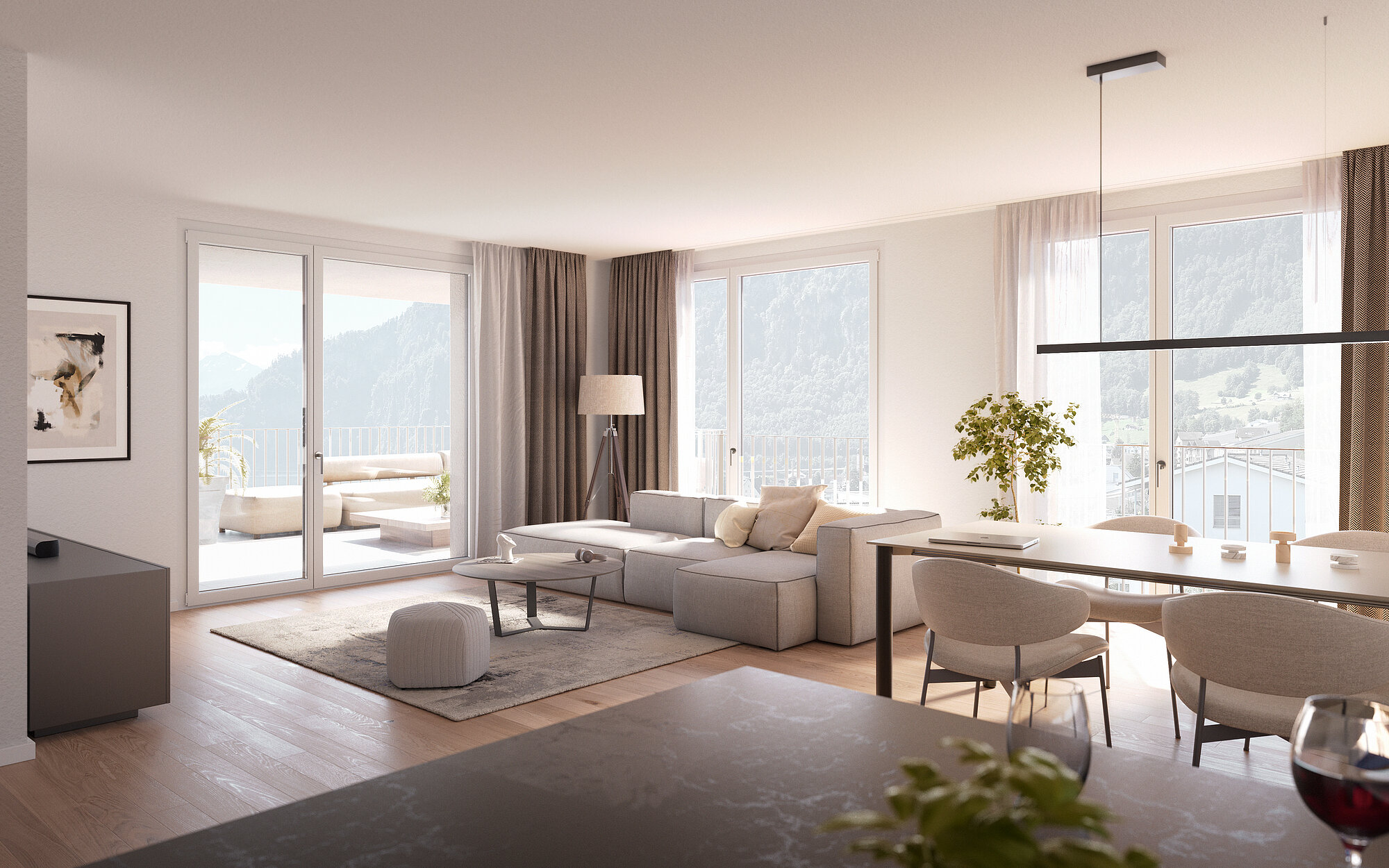 Photorealistic rendering of an open-plan living and dining area with expansive windows