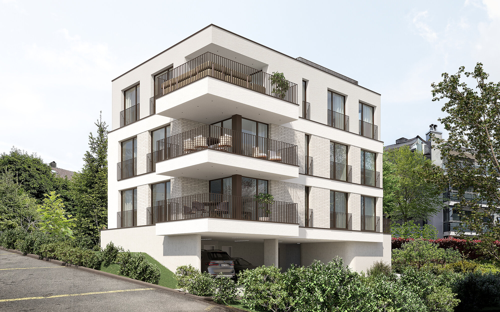 Photorealistic rendering showing the building corner within a landscaped setting
