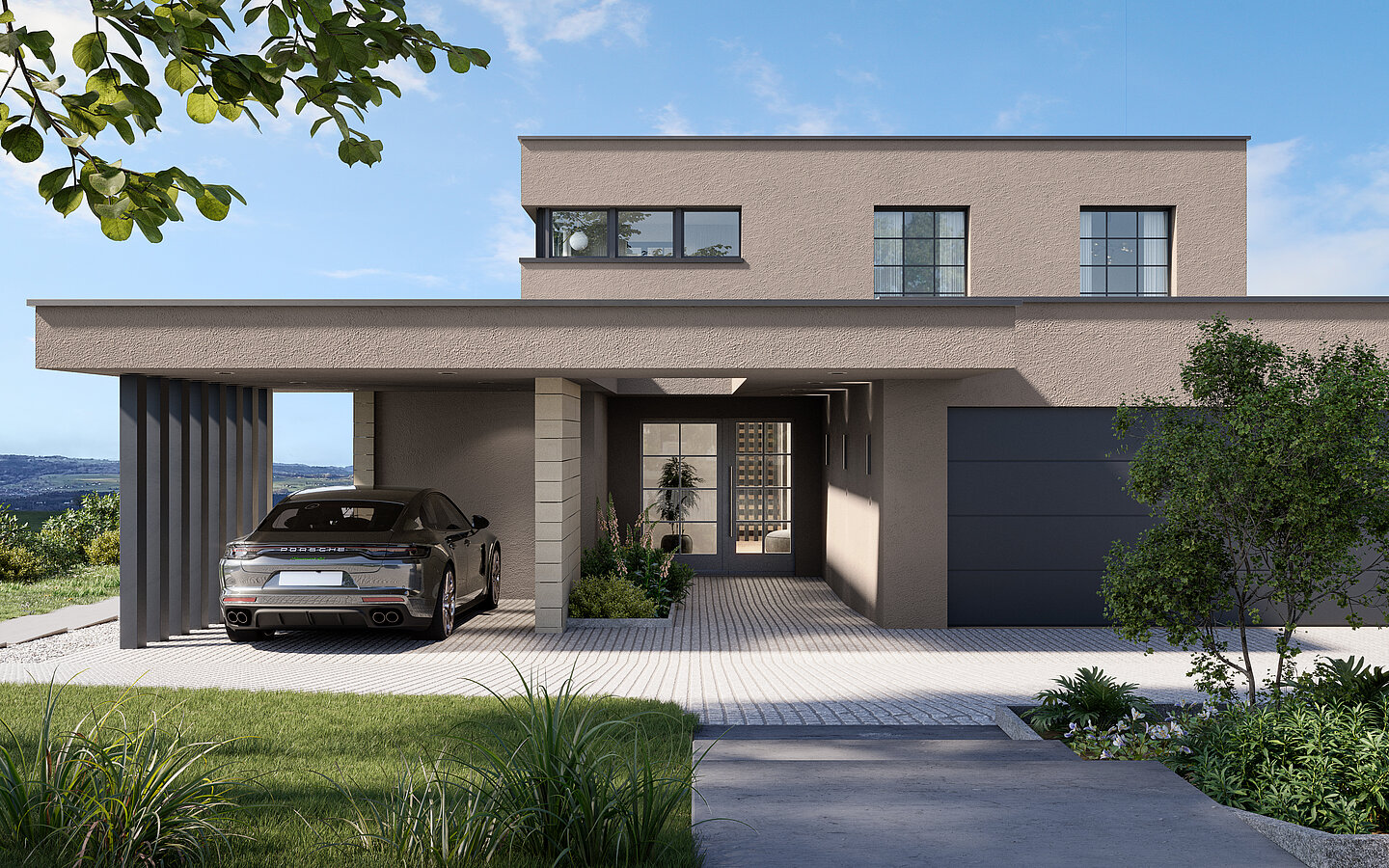 Modern entrance area with covered parking and landscaped planting