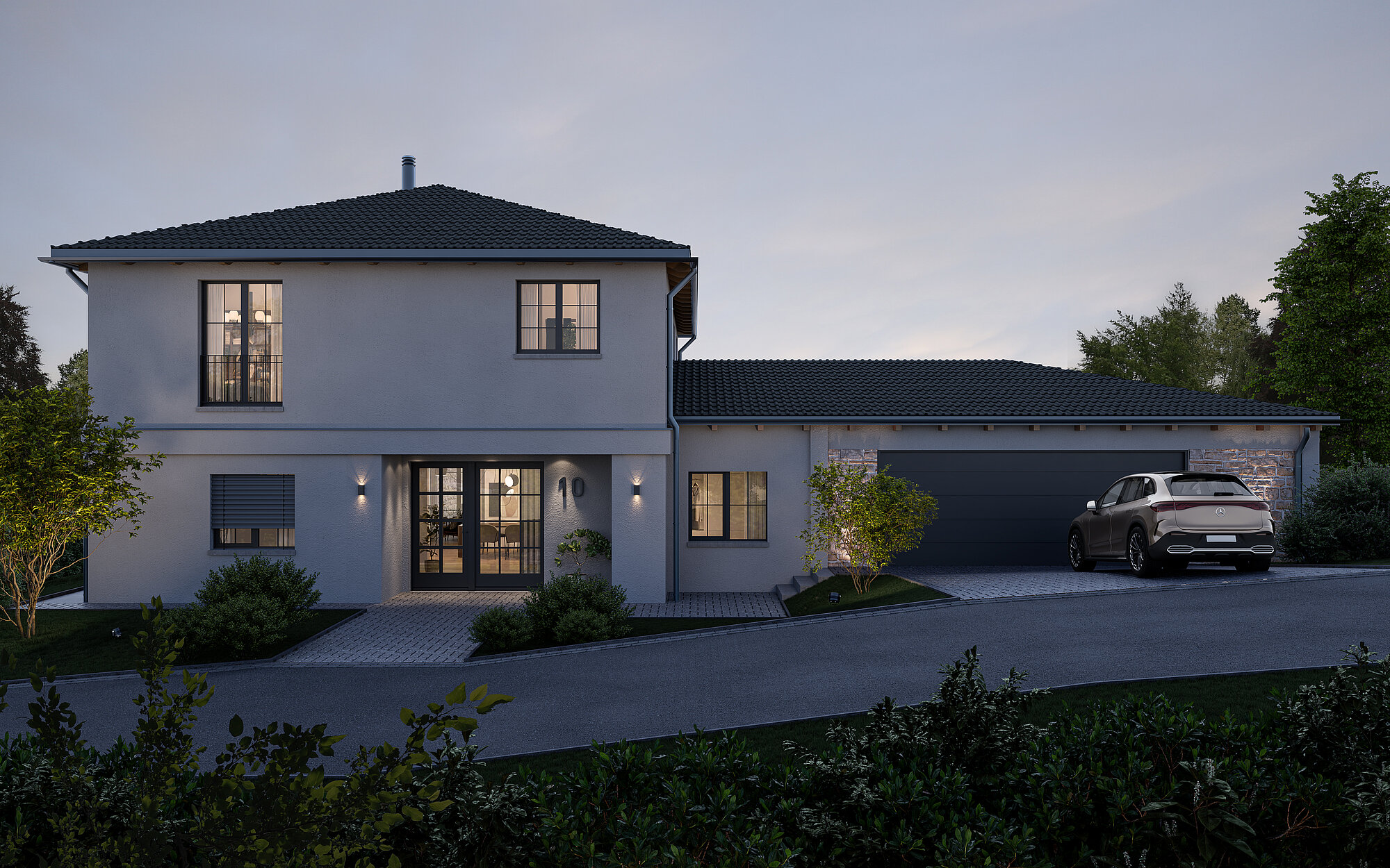 Photorealistic rendering of a contemporary single-family house with driveway and garage.