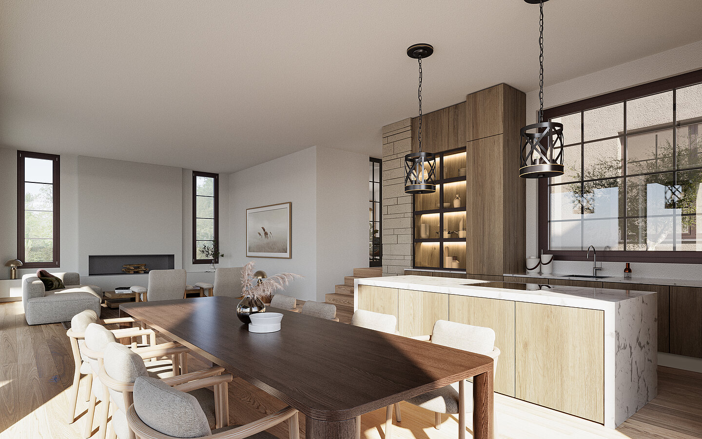 Photorealistic rendering of the open-plan living and dining area with kitchen